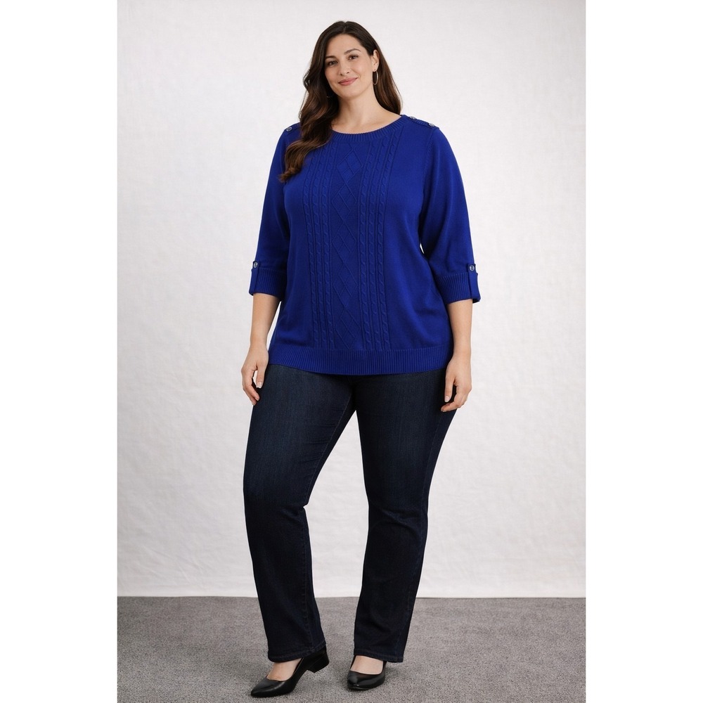 Studio Works Women's Sweater Size 2X Blue Cotton Cable Knit Half Sleeve Pullover